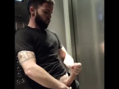 stud cock wank makes huge cum splatter in elevator